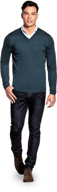 Extra long V Neck sweater for men made of Merino wool in Blue green