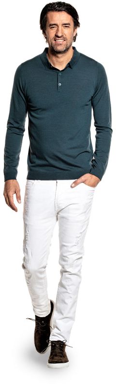 Polo long sleeve for men made of Merino wool in Blue green