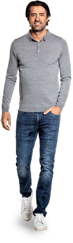 Polo long sleeve for men made of Merino wool in Grey