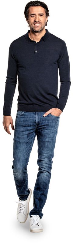 Polo long sleeve for men made of Merino wool in Dark blue