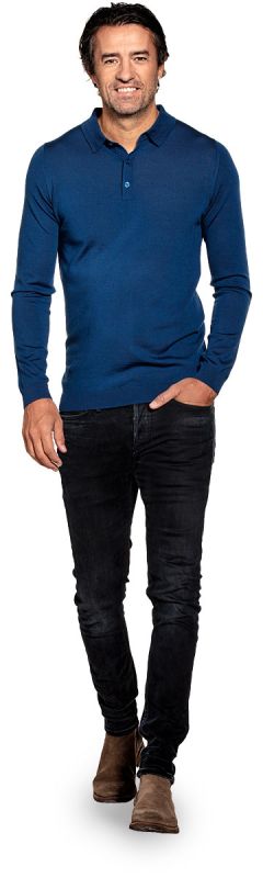 Polo long sleeve for men made of Merino wool in Bright blue