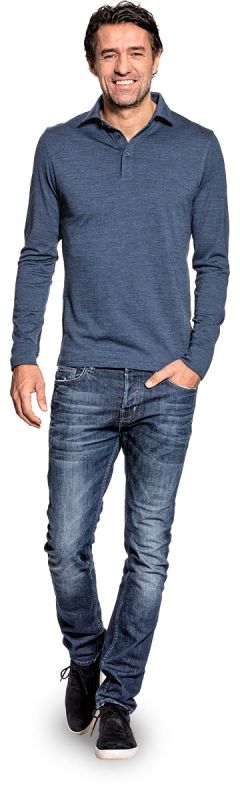 Polo shirt long sleeve for men made of Merino wool in Blue
