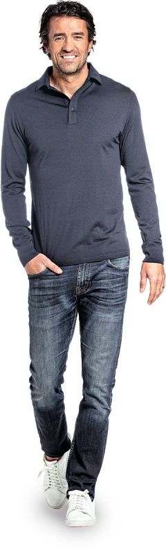 Polo shirt long sleeve for men made of Merino wool in Grey blue