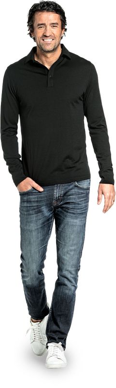 Polo shirt long sleeve for men made of Merino wool in Black