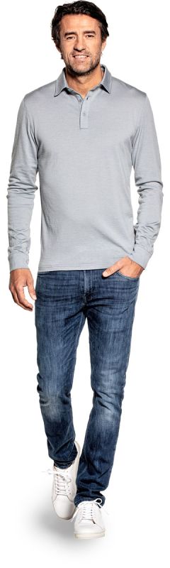 Polo shirt long sleeve for men made of Merino wool in Grey blue