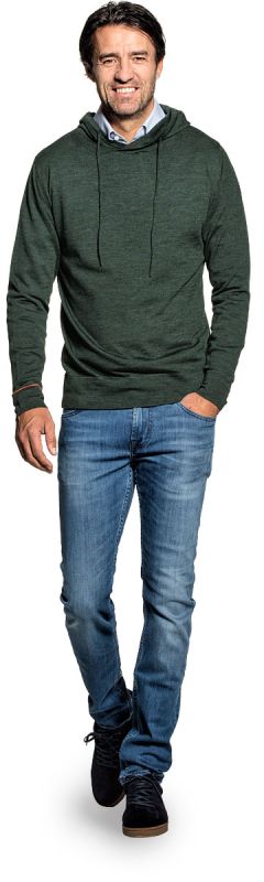 Sweater with hoodie for men made of Merino wool in Dark green