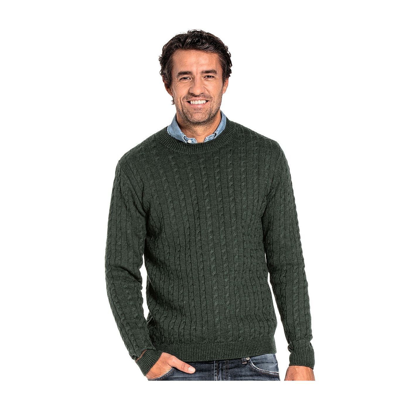 Cable knit sweater for men made of Merino wool in Dark green