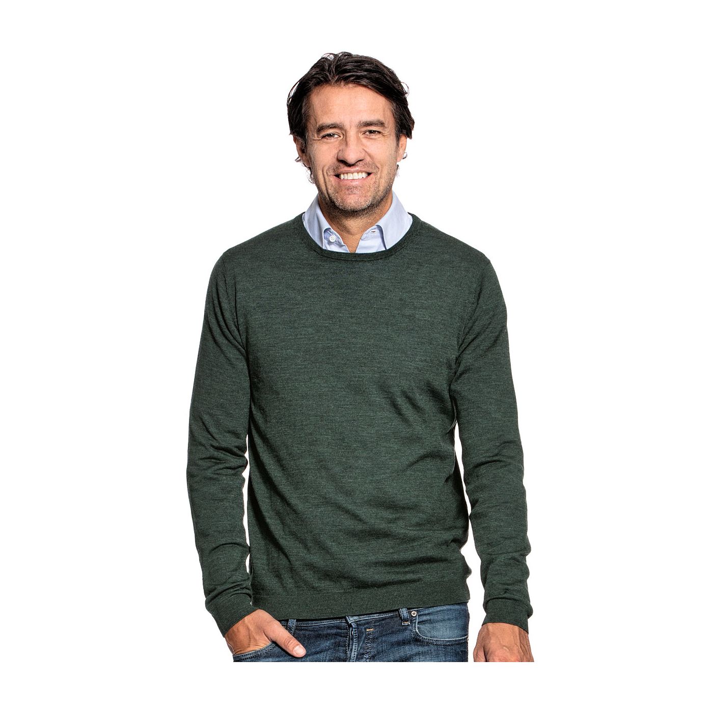 Crew neck sweater for men made of Merino wool in Dark green