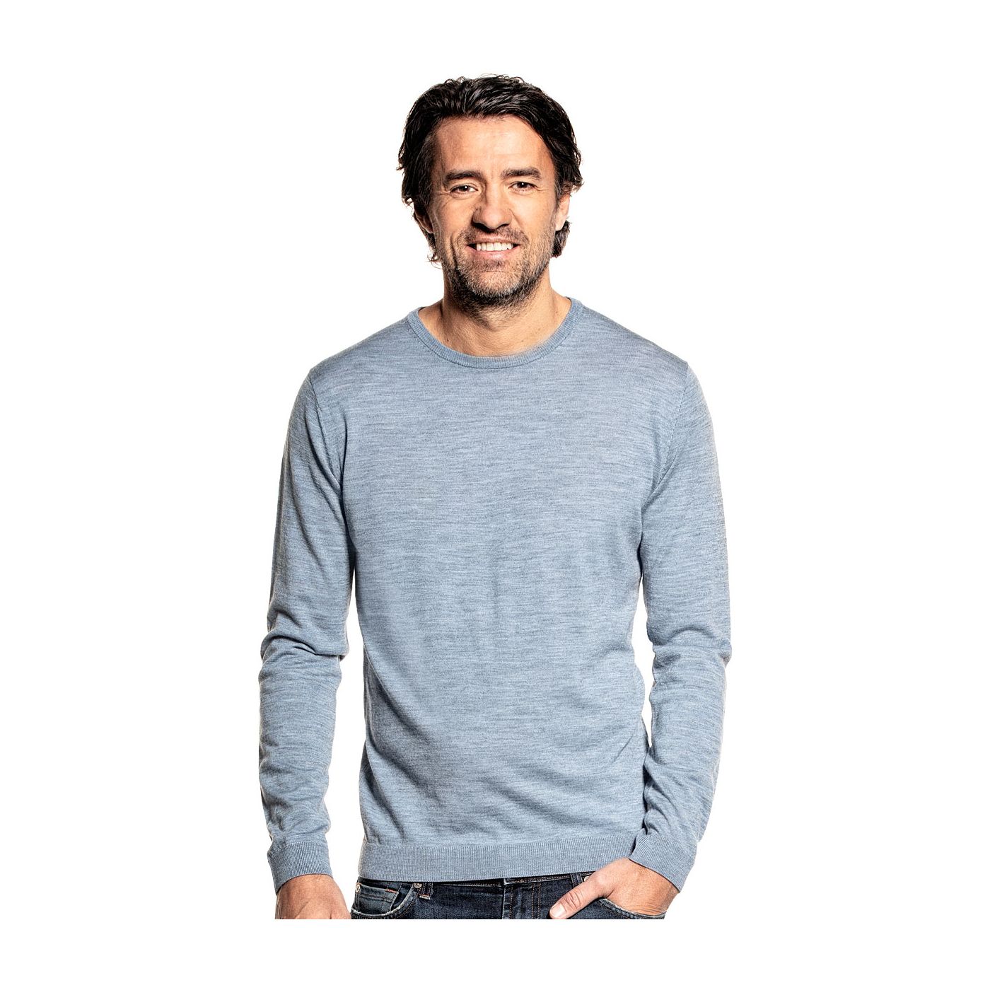 Crew neck sweater for men made of Merino wool in Blue grey