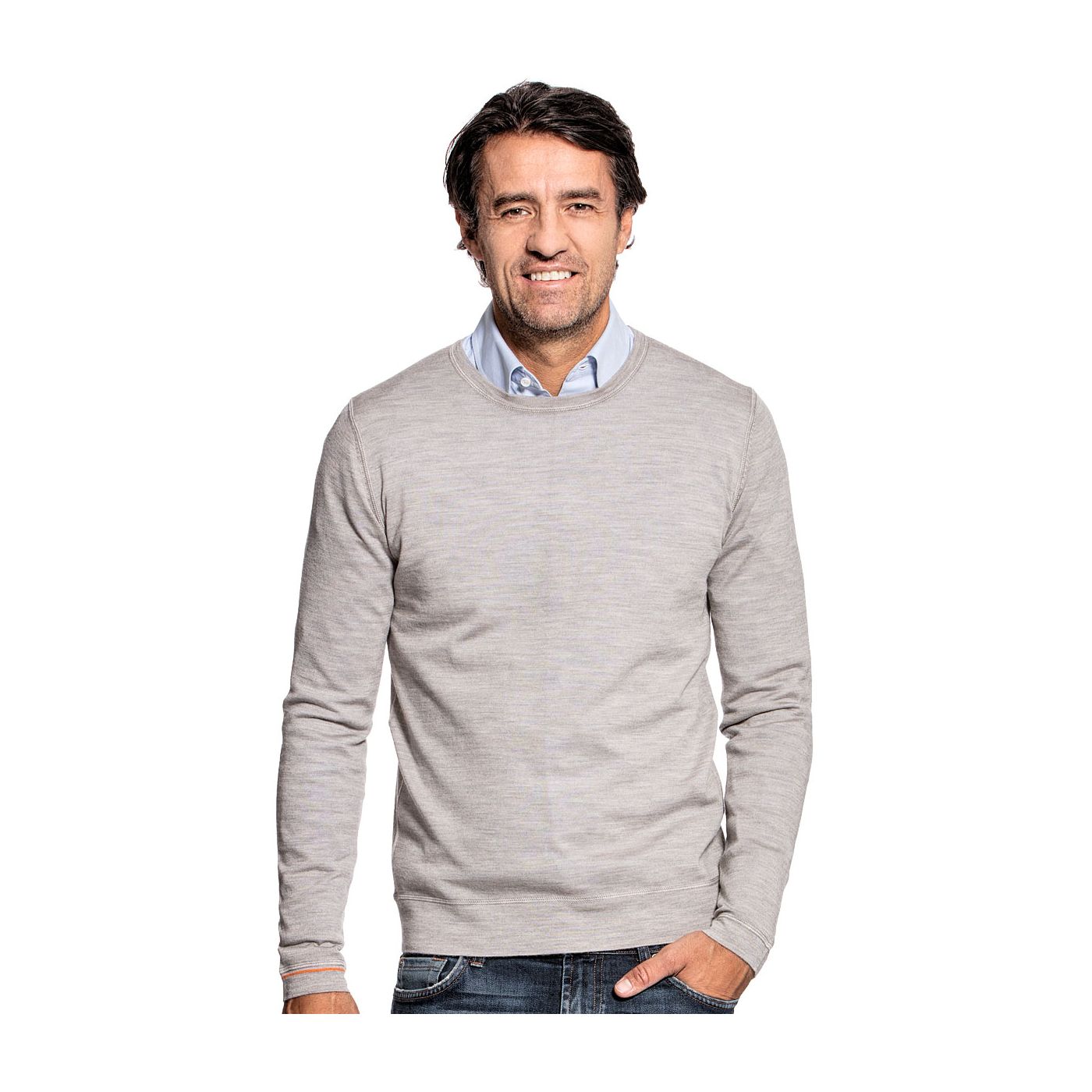 Ronde hals pullover voor mannen gemaakt van merinowol in het Beige