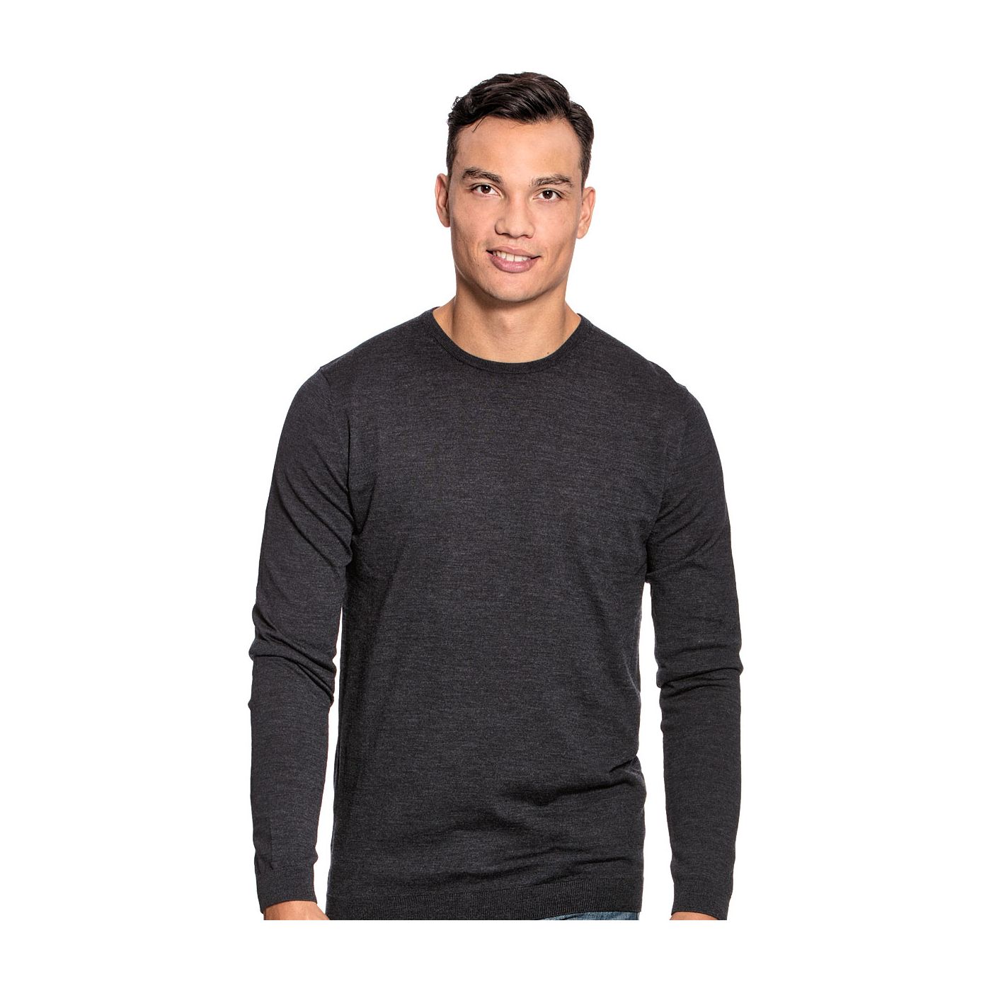 Extra long crew neck sweater for men made of Merino wool in Dark grey