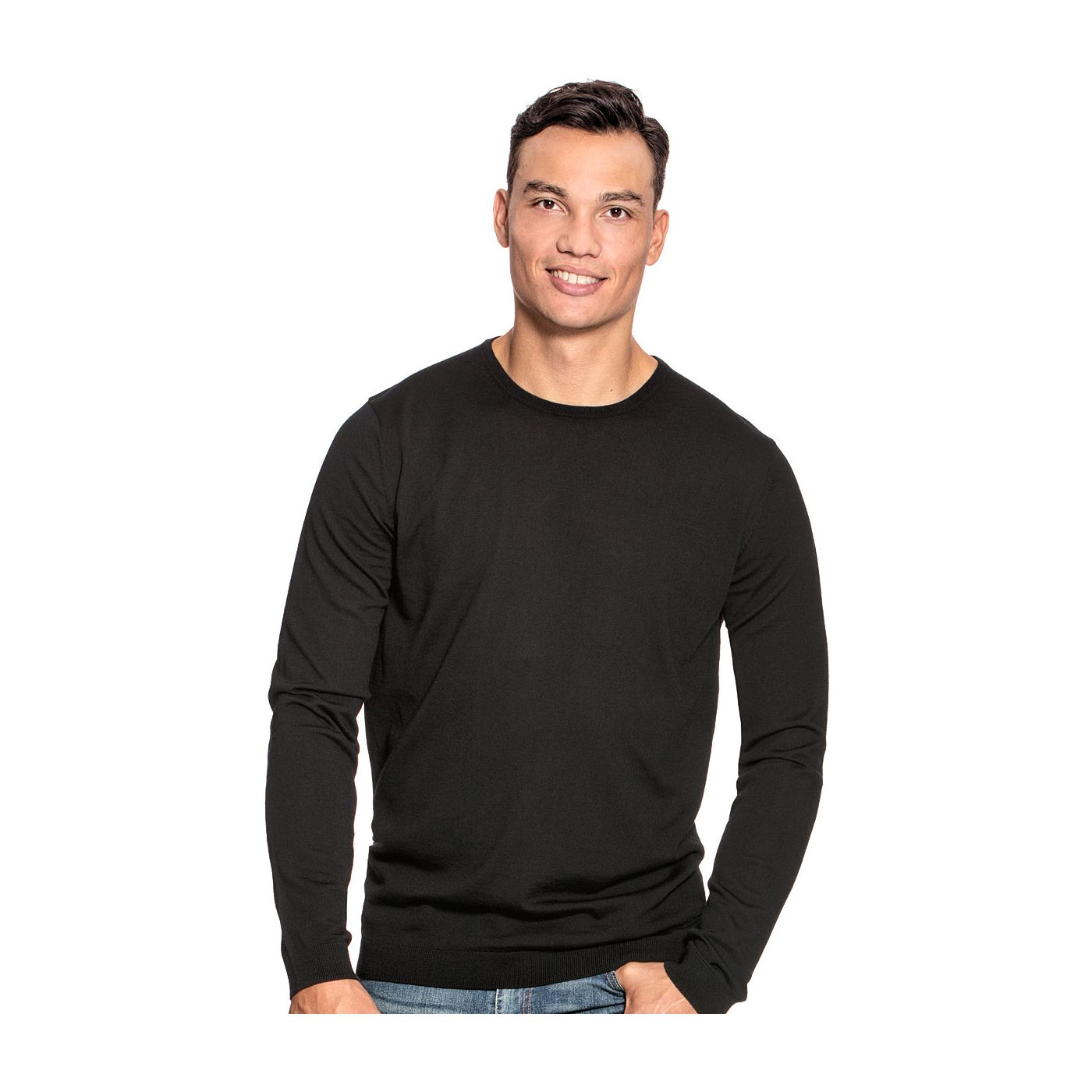 Extra long crew neck sweater for men made of Merino wool in Black