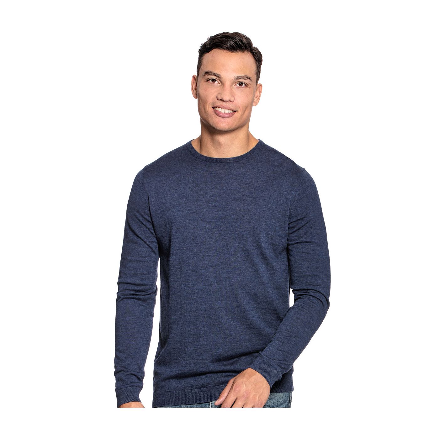 Extra lange ronde hals trui voor mannen gemaakt van merinowol in het Blauw
