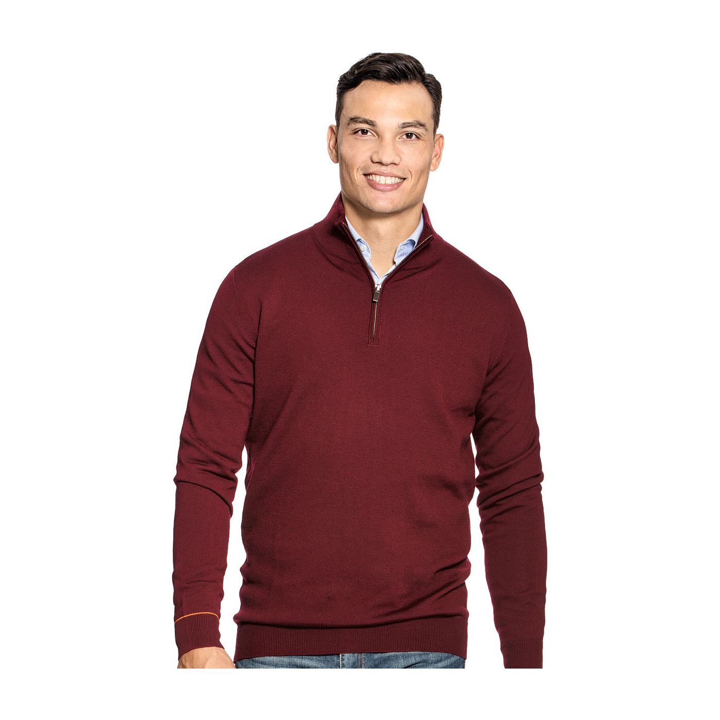 Extra long half zip sweater for men made of Merino wool in Red
