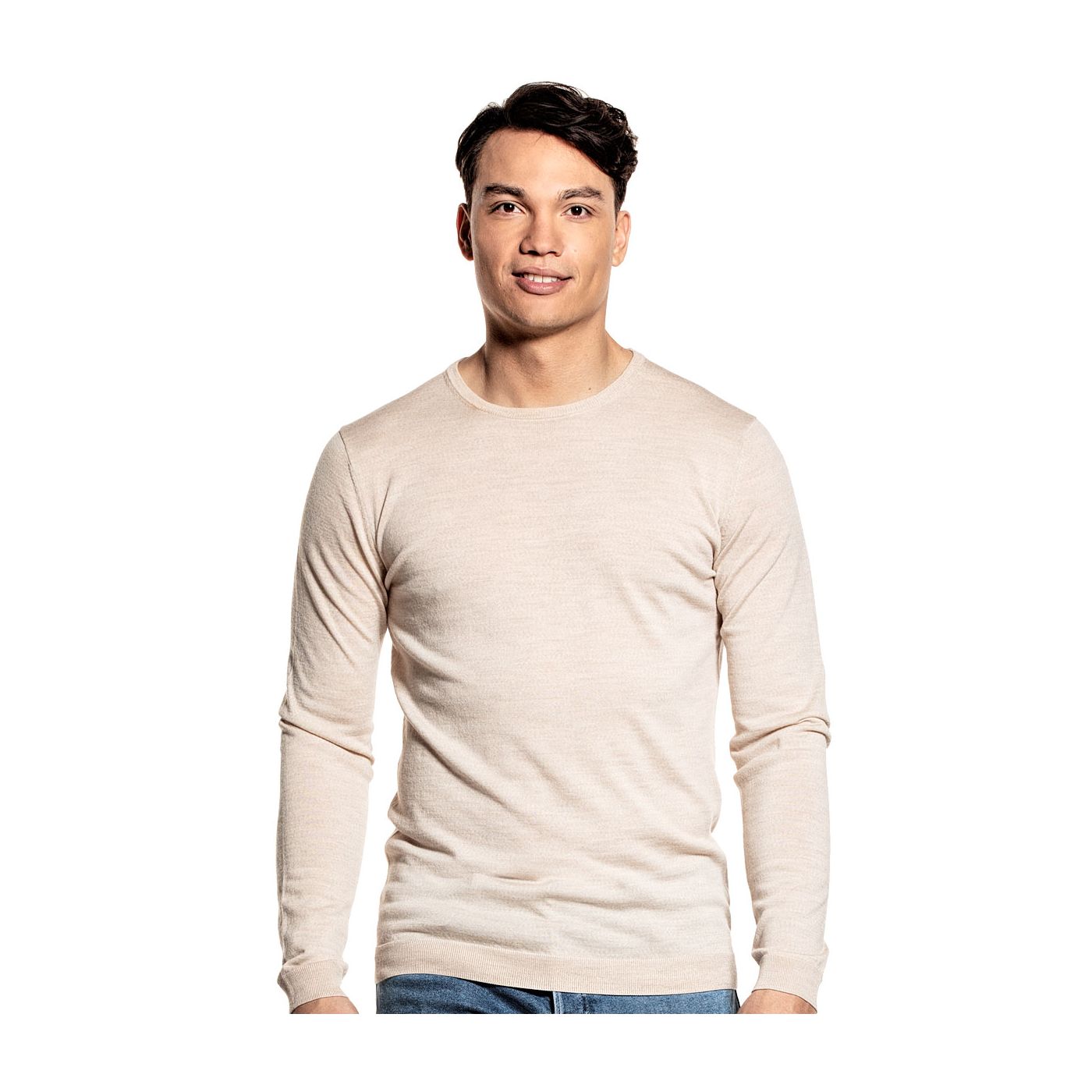 Rundhalspullover mit extra langem Arm für Herren aus Merinowolle in Beige