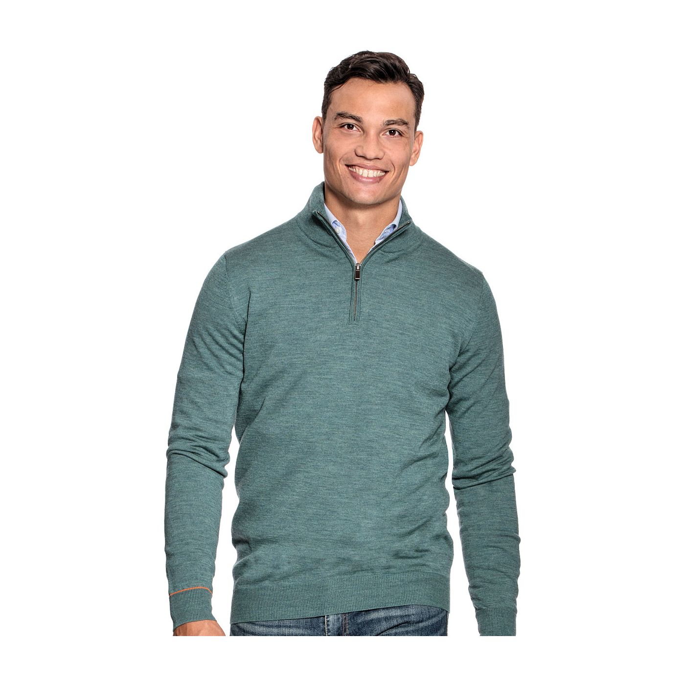Extra long half zip sweater for men made of Merino wool in Light green