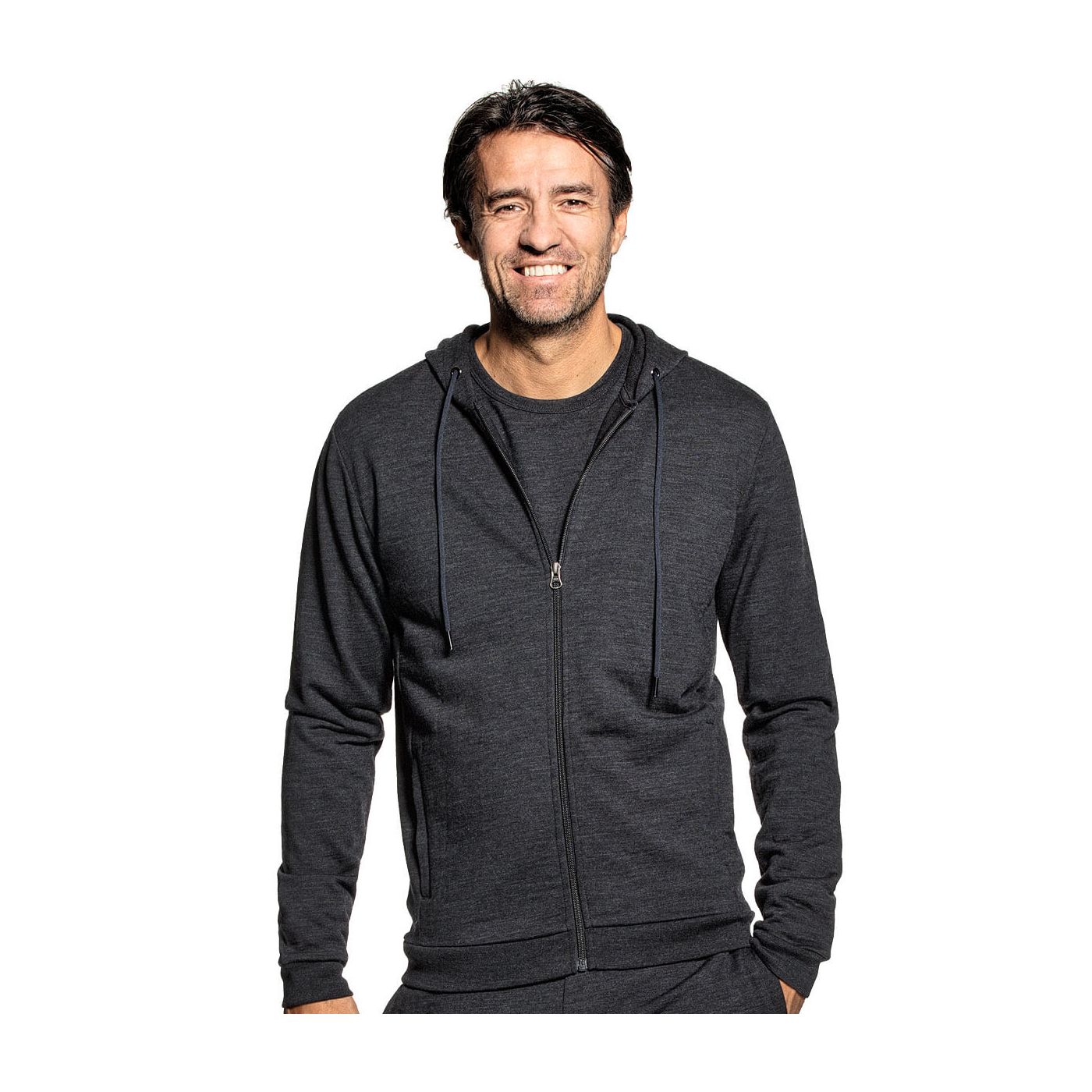 Hoodie with zipper for men made of Merino wool in Dark grey