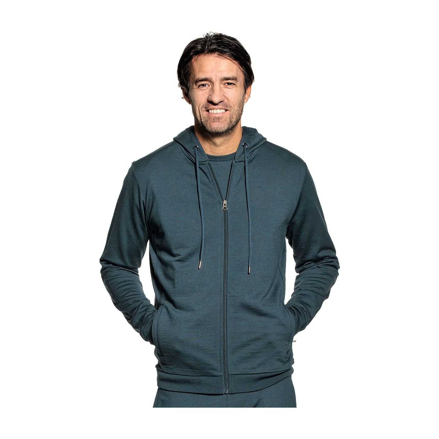 Hoodie with zipper for men made of Merino wool in Blue green