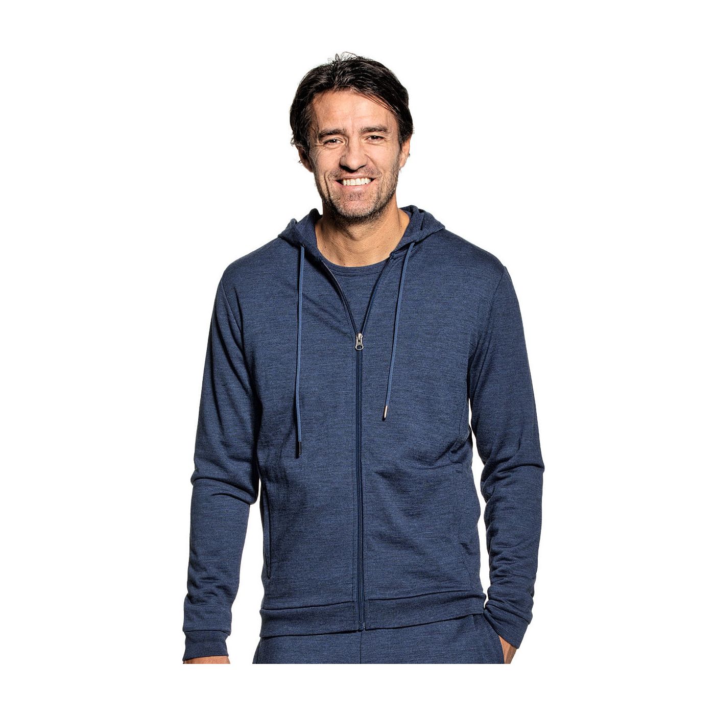 Hoodie with zipper for men made of Merino wool in Blue