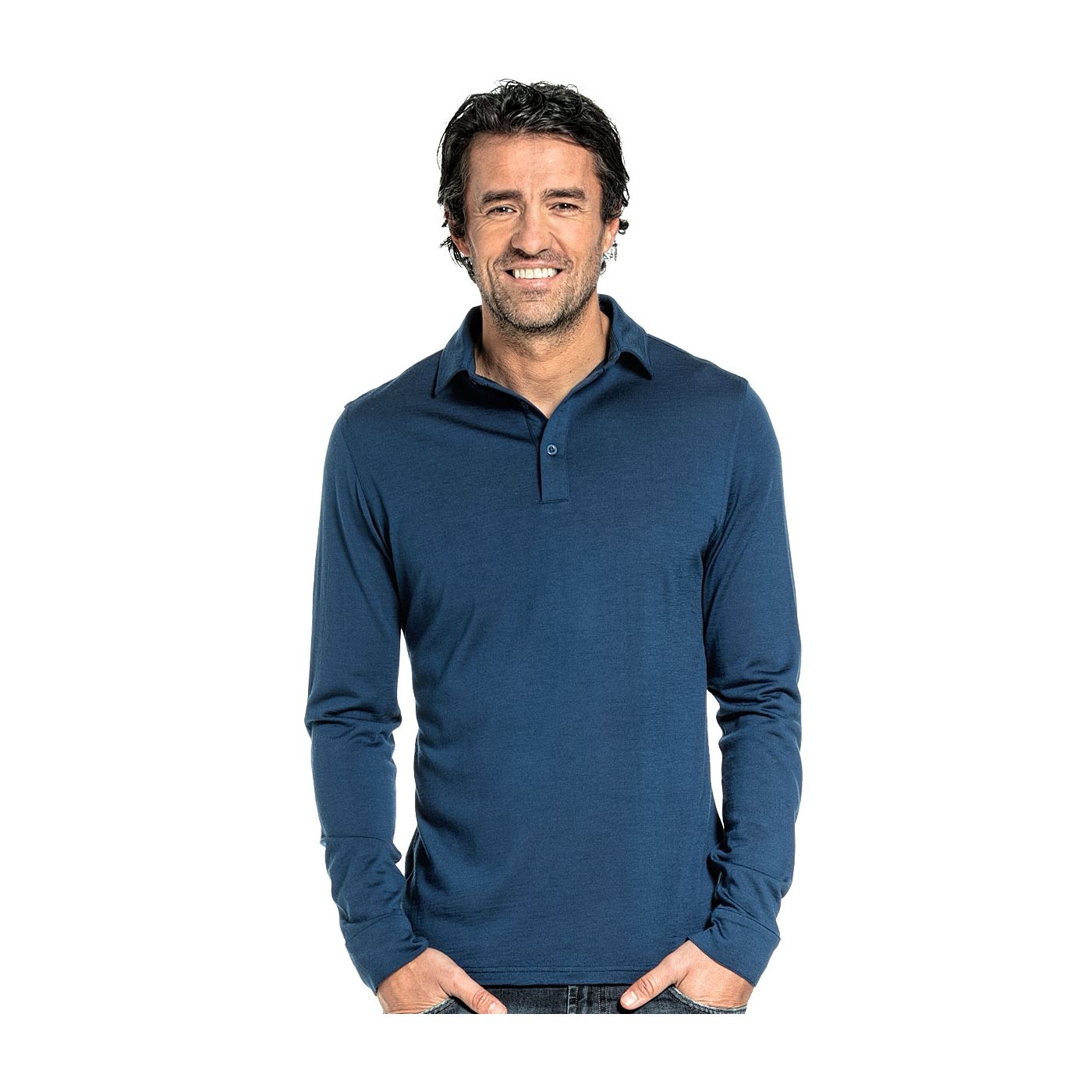 Shirt Polo Long Sleeve voor mannen gemaakt van merinowol in het Helderblauw