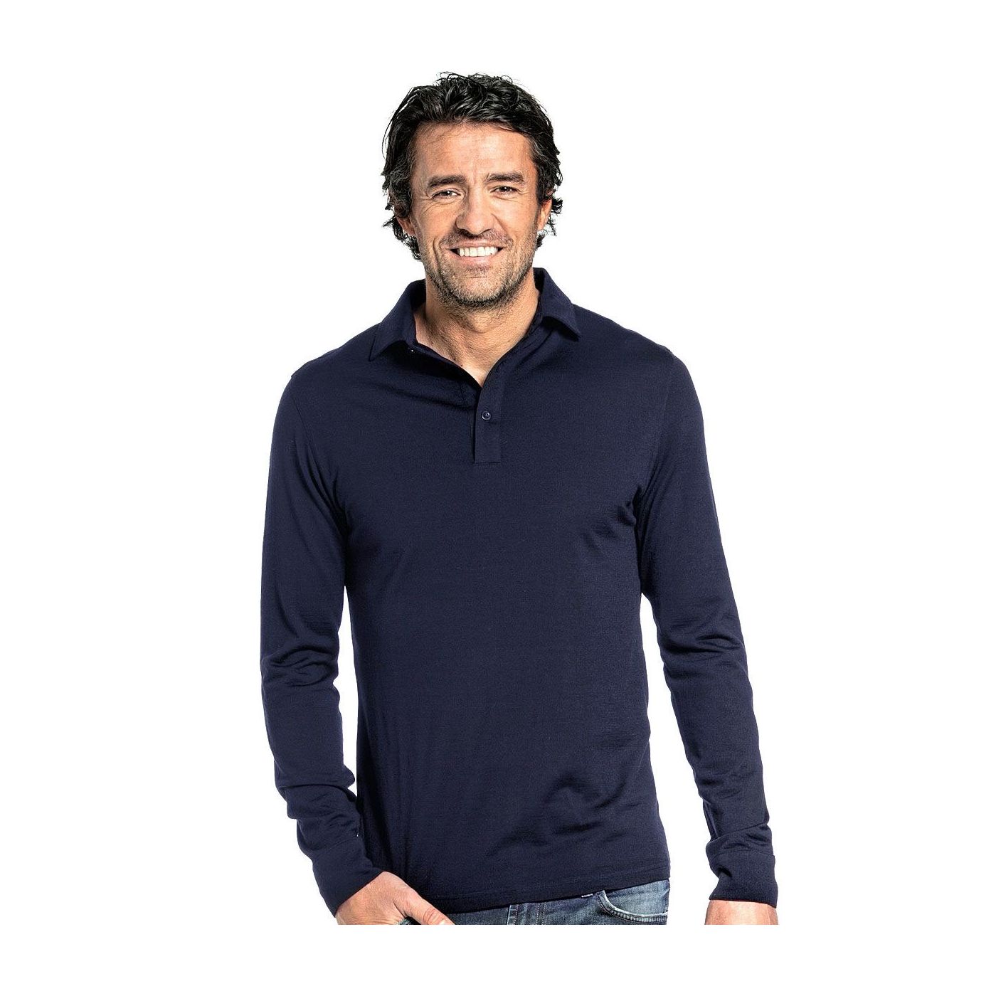 Shirt Polo Long Sleeve voor mannen gemaakt van merinowol in het Donkerblauw