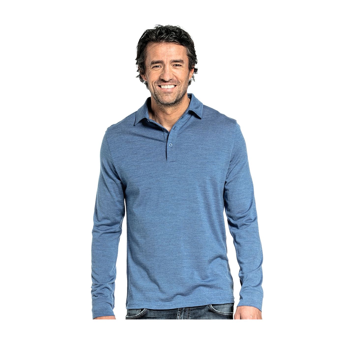 Polo shirt long sleeve for men made of Merino wool in Bright blue