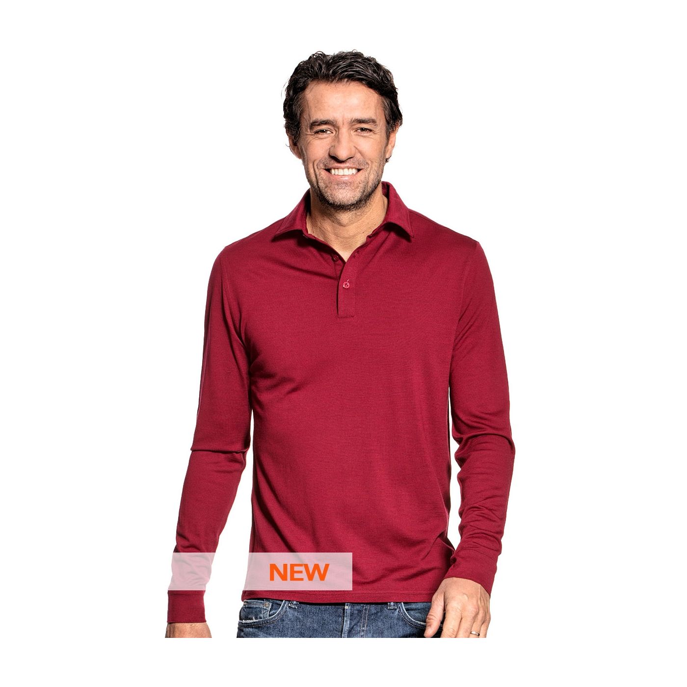Polo shirt long sleeve for men made of Merino wool in Red