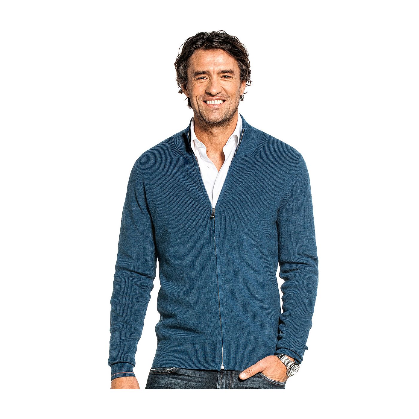 Ribbed cardigan for men made of Merino wool in Blue