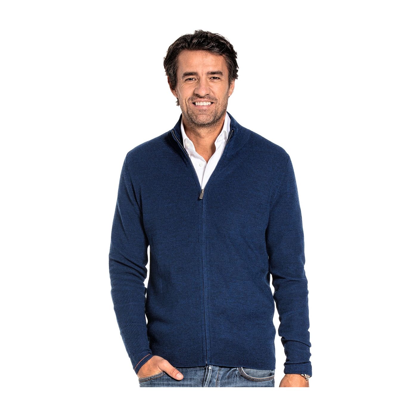 Ribbed cardigan for men made of Merino wool in Blue