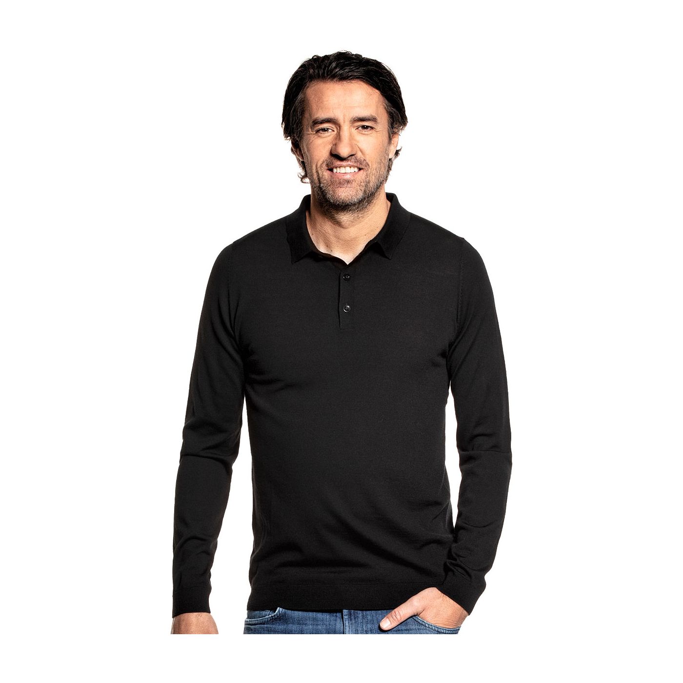 Poloshirt Langarm für Herren aus Merinowolle in Schwarz