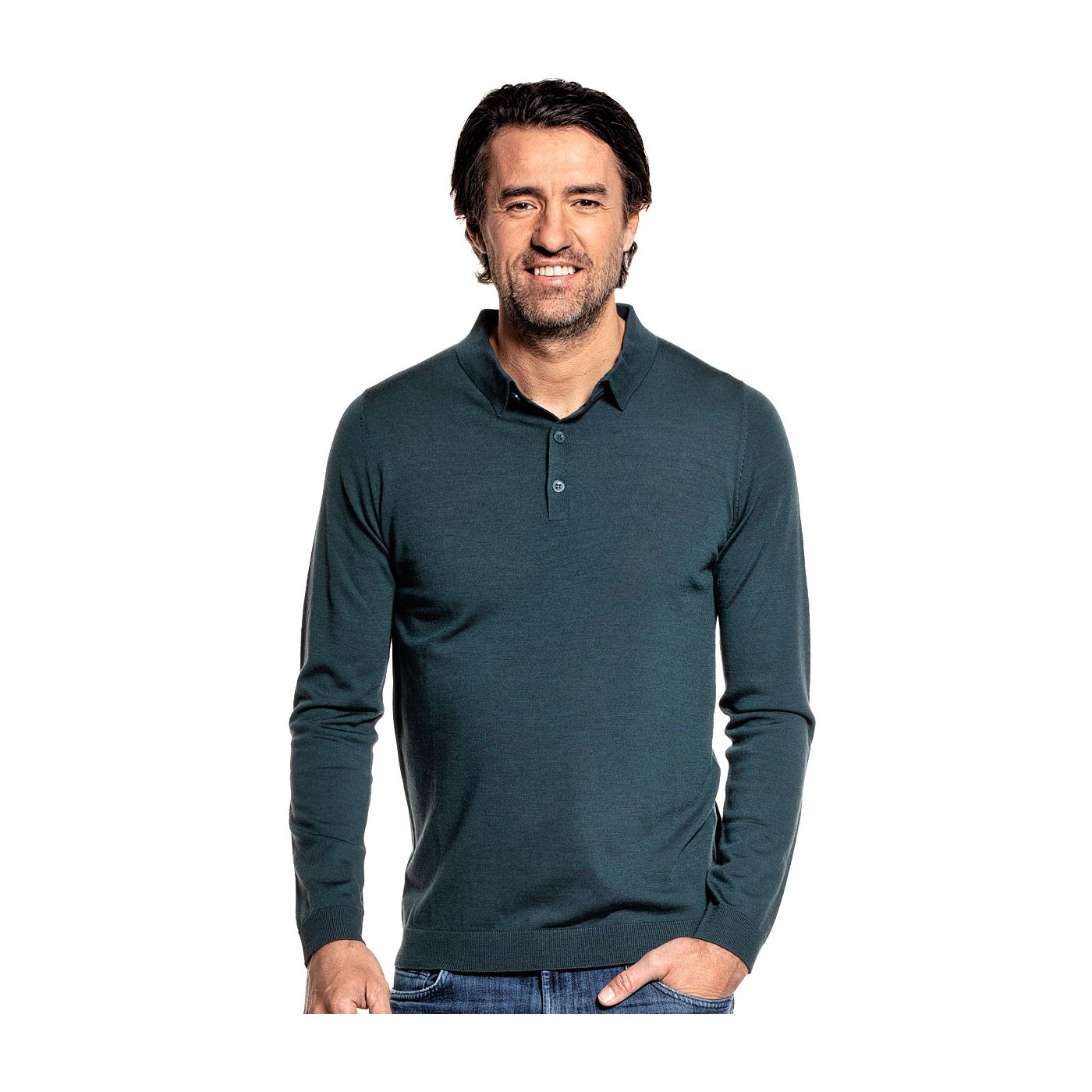 Polo long sleeve for men made of Merino wool in Blue green