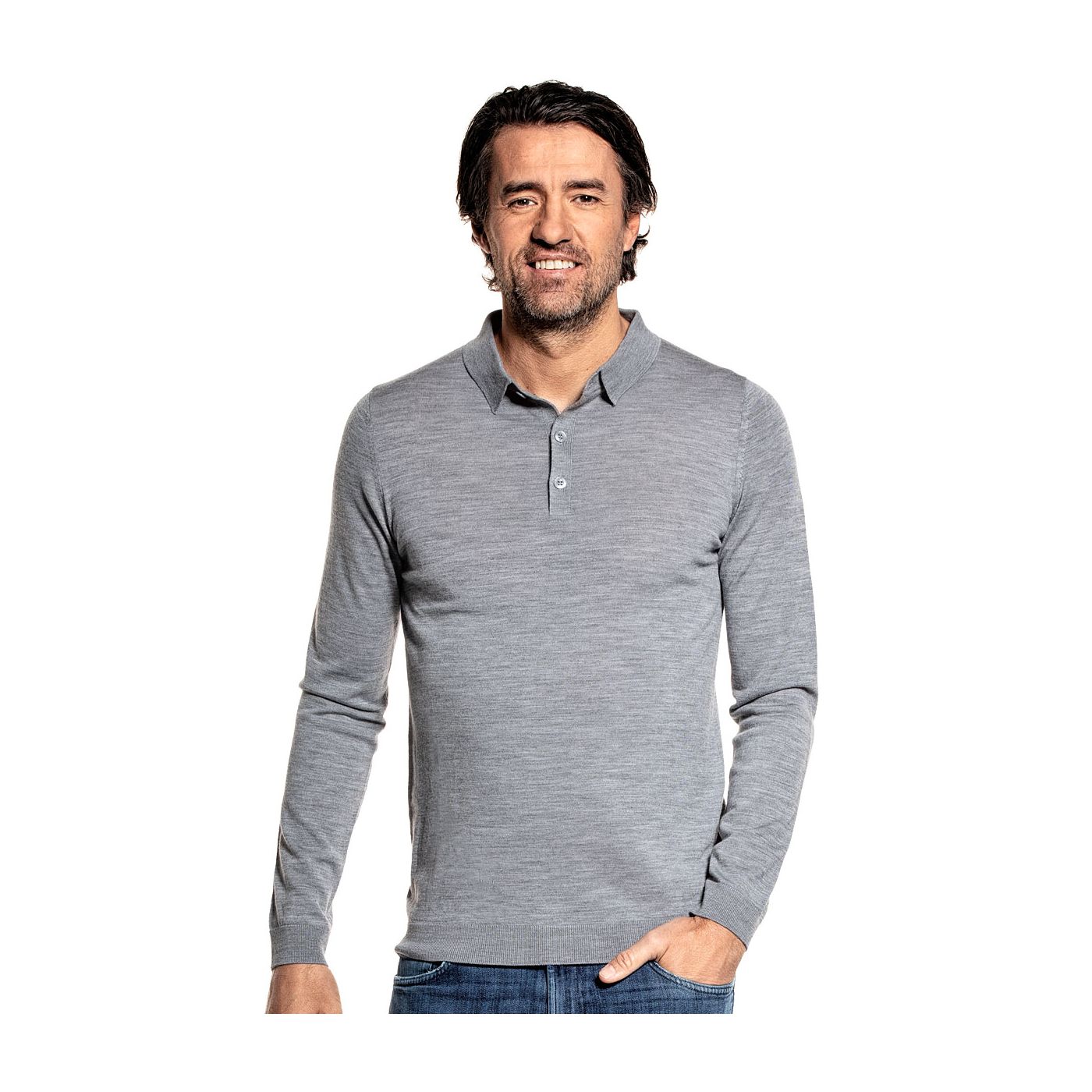 Polo long sleeve for men made of Merino wool in Grey