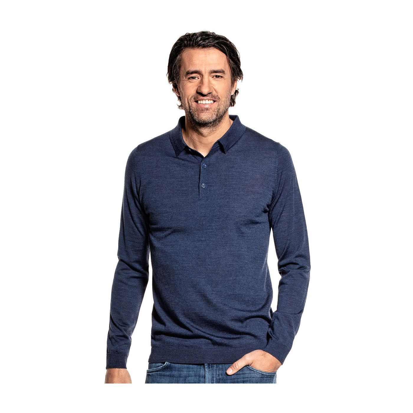 Polo long sleeve for men made of Merino wool in Blue