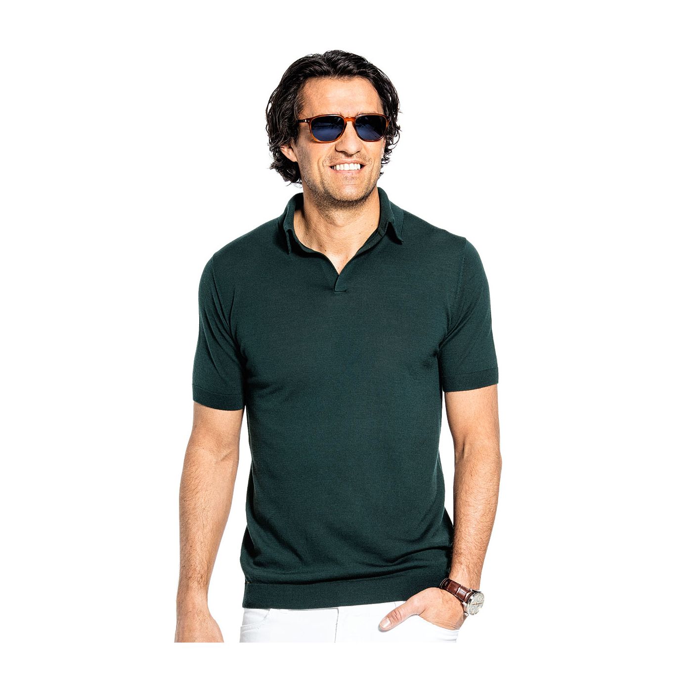 Polo without buttons for men made of Merino wool in Dark green