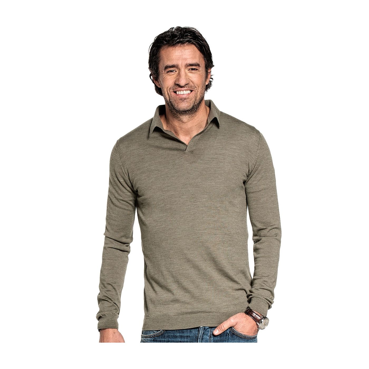 Polo long sleeve without buttons for men made of Merino wool in Green