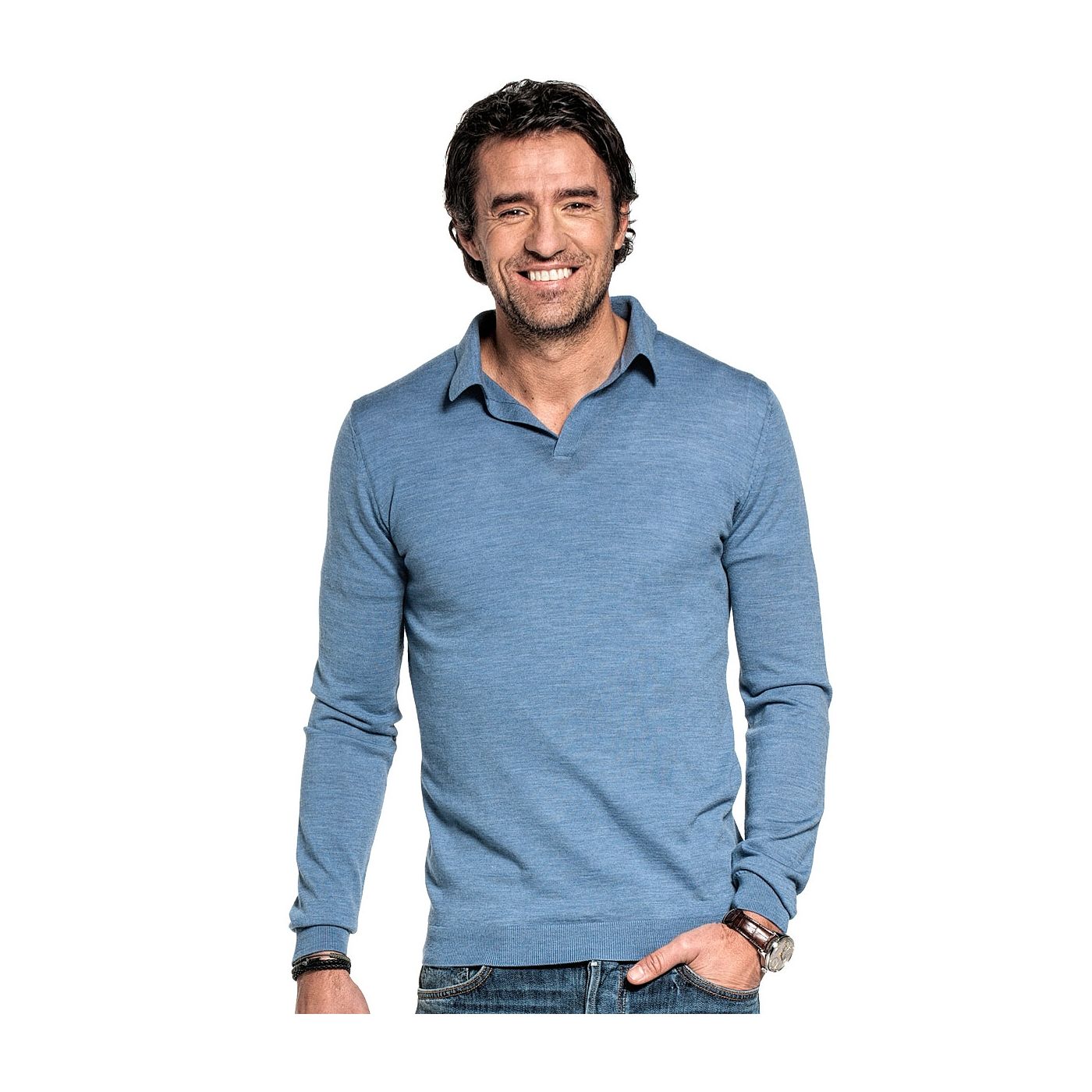 Polo long sleeve without buttons for men made of Merino wool in Light blue