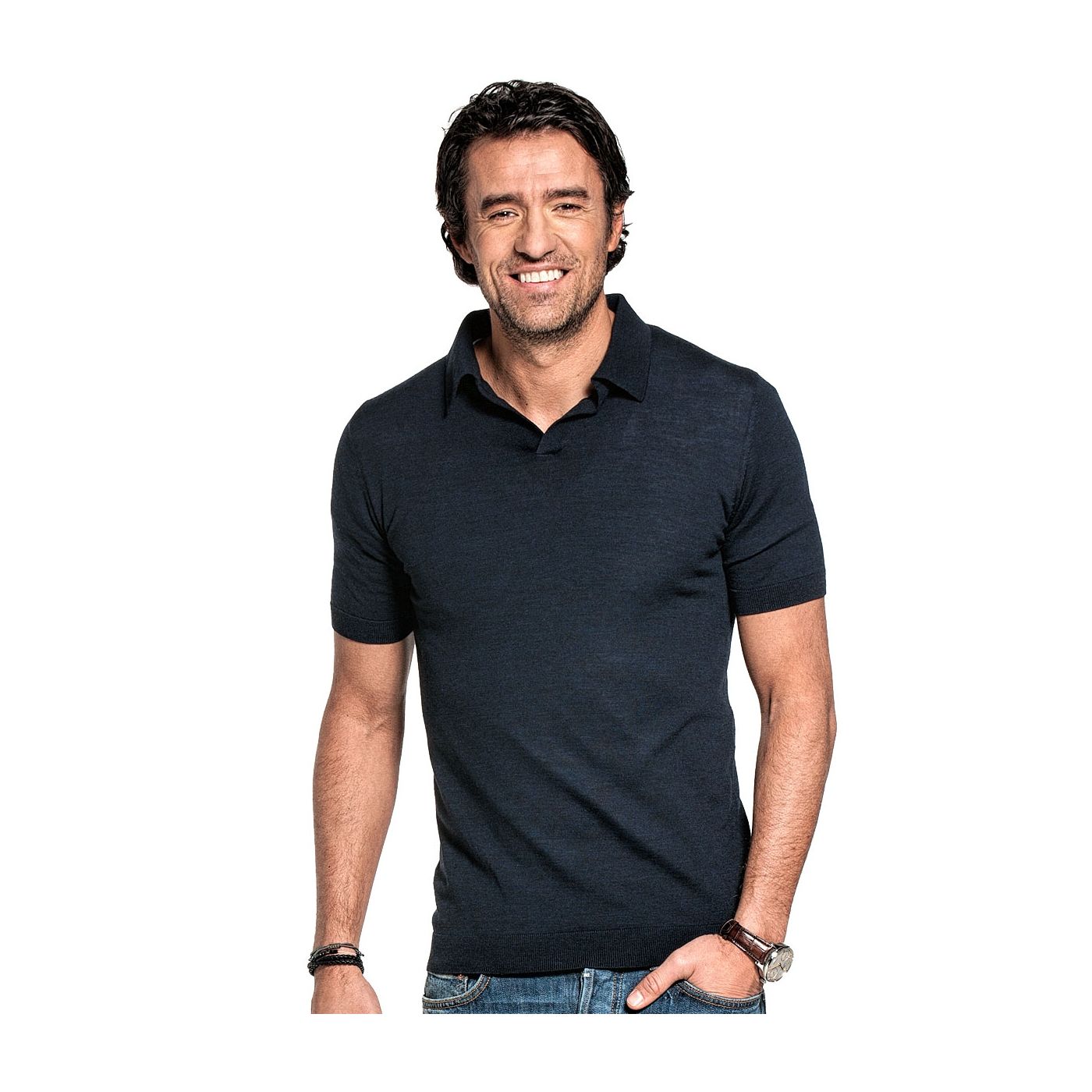Polo without buttons for men made of Merino wool in Dark blue