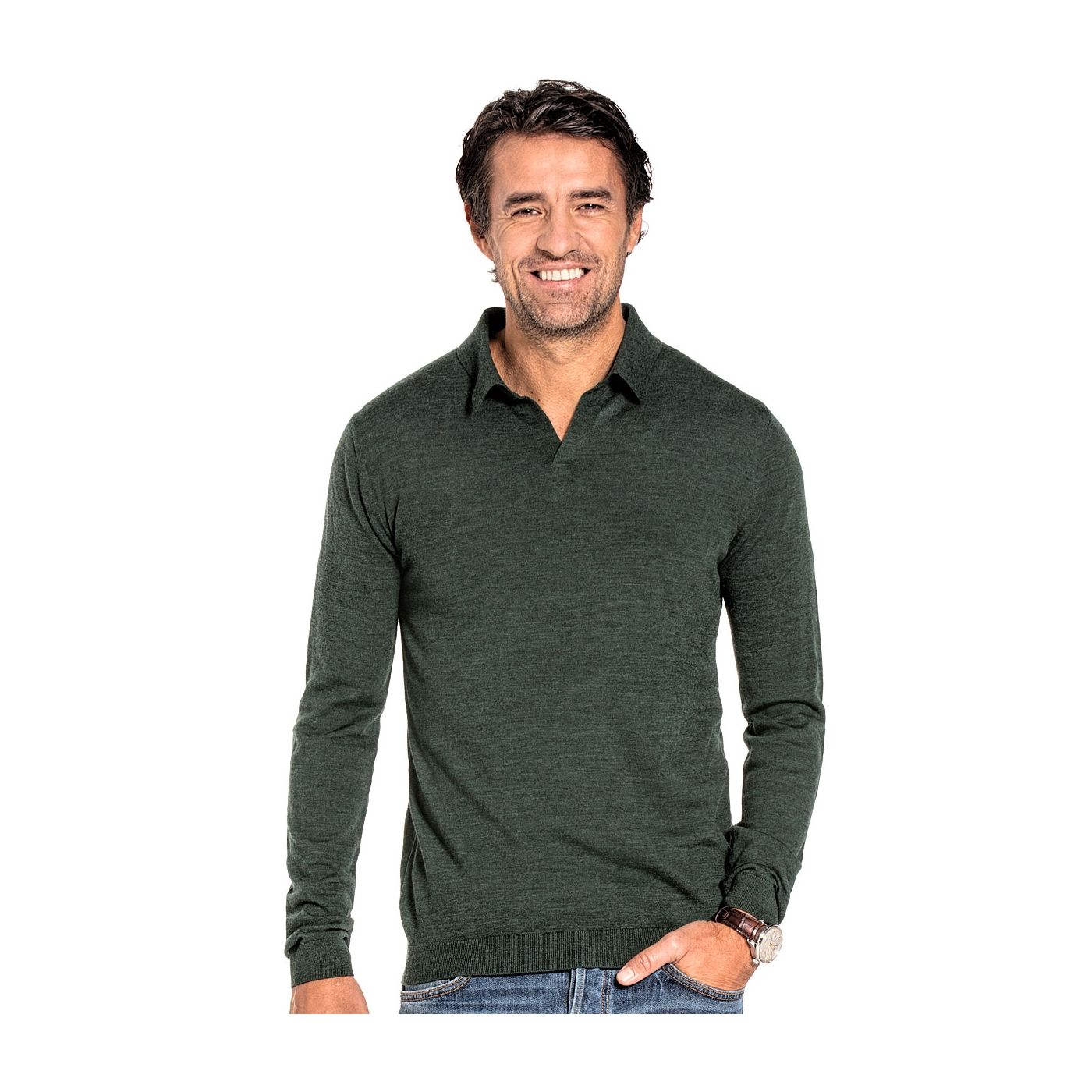 Polo long sleeve without buttons for men made of Merino wool in Dark green