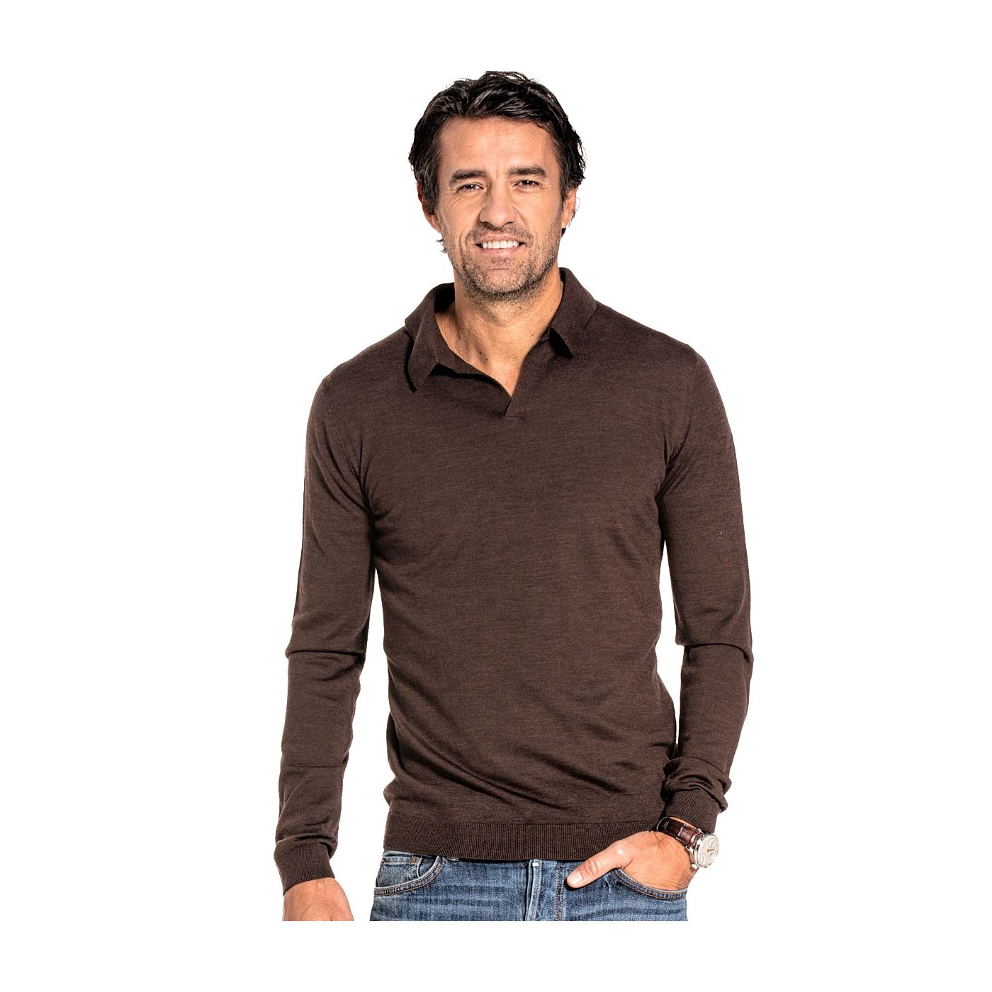 Polo long sleeve without buttons for men made of Merino wool in Brown