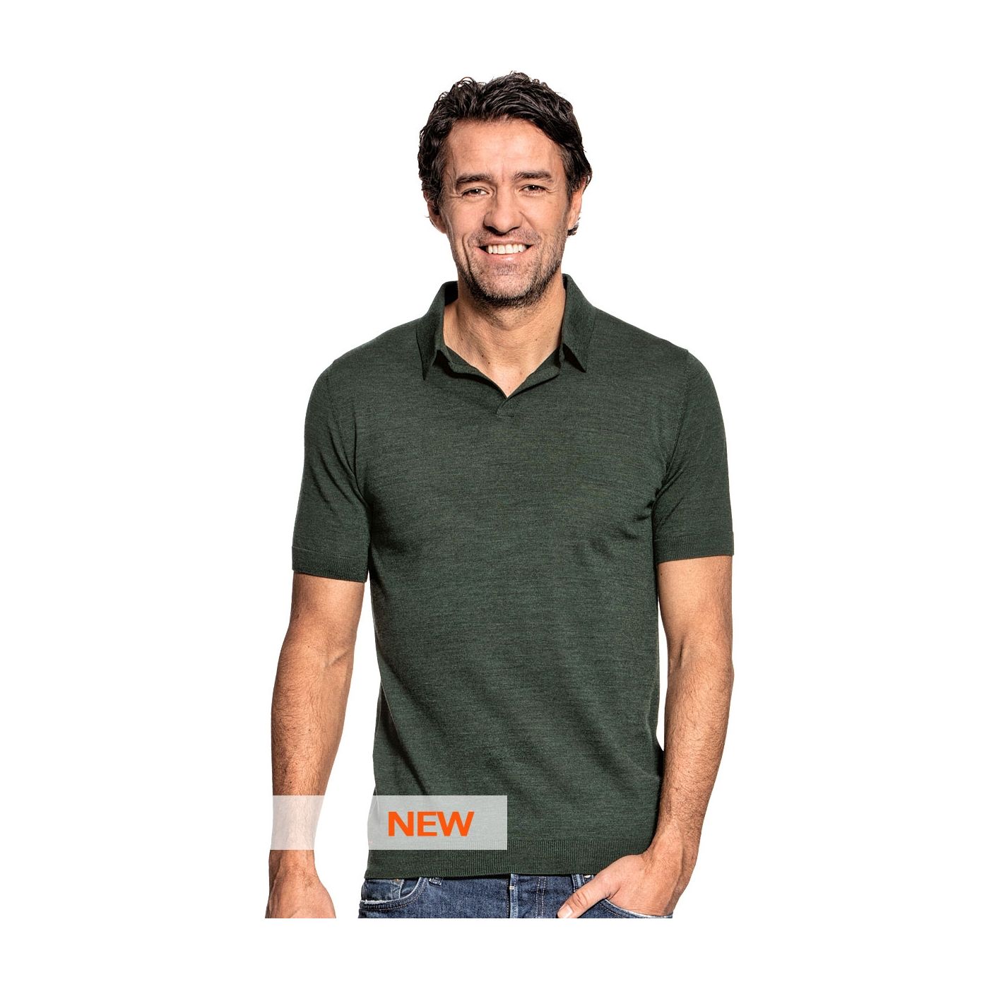 Polo without buttons for men made of Merino wool in Dark green