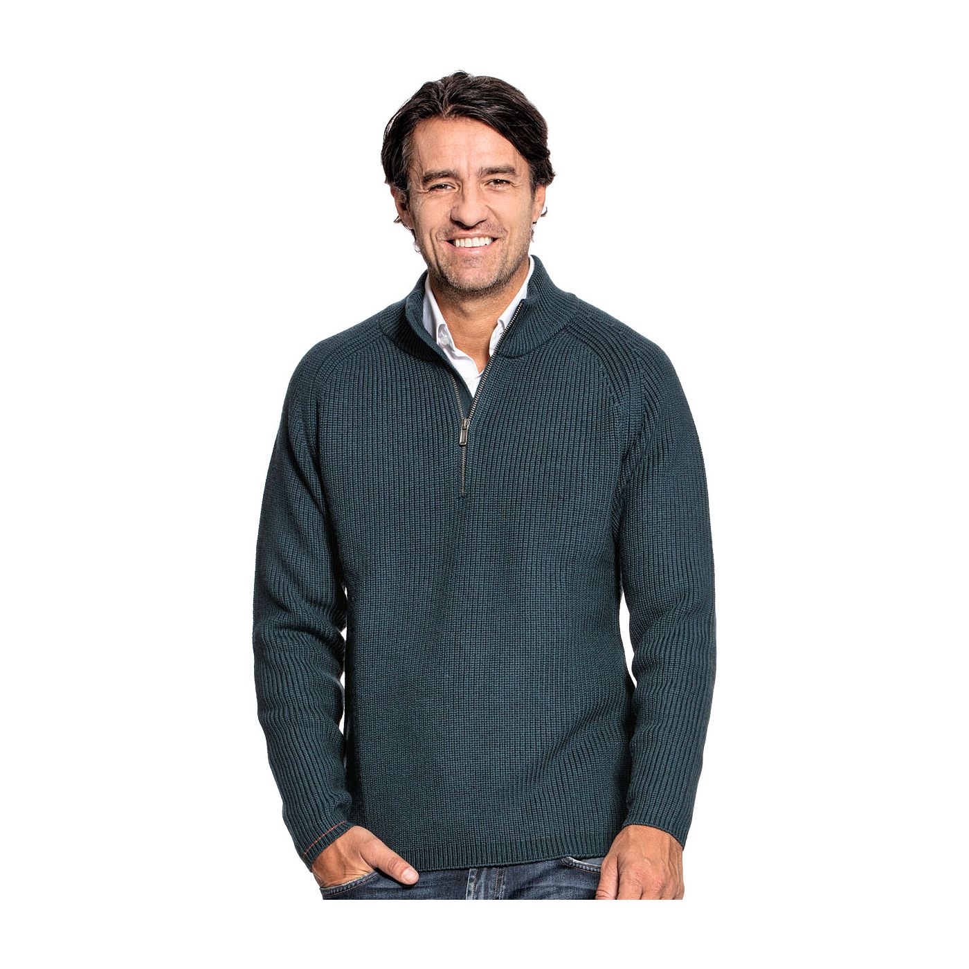 Fisherman sweater for men made of Merino wool in Blue green