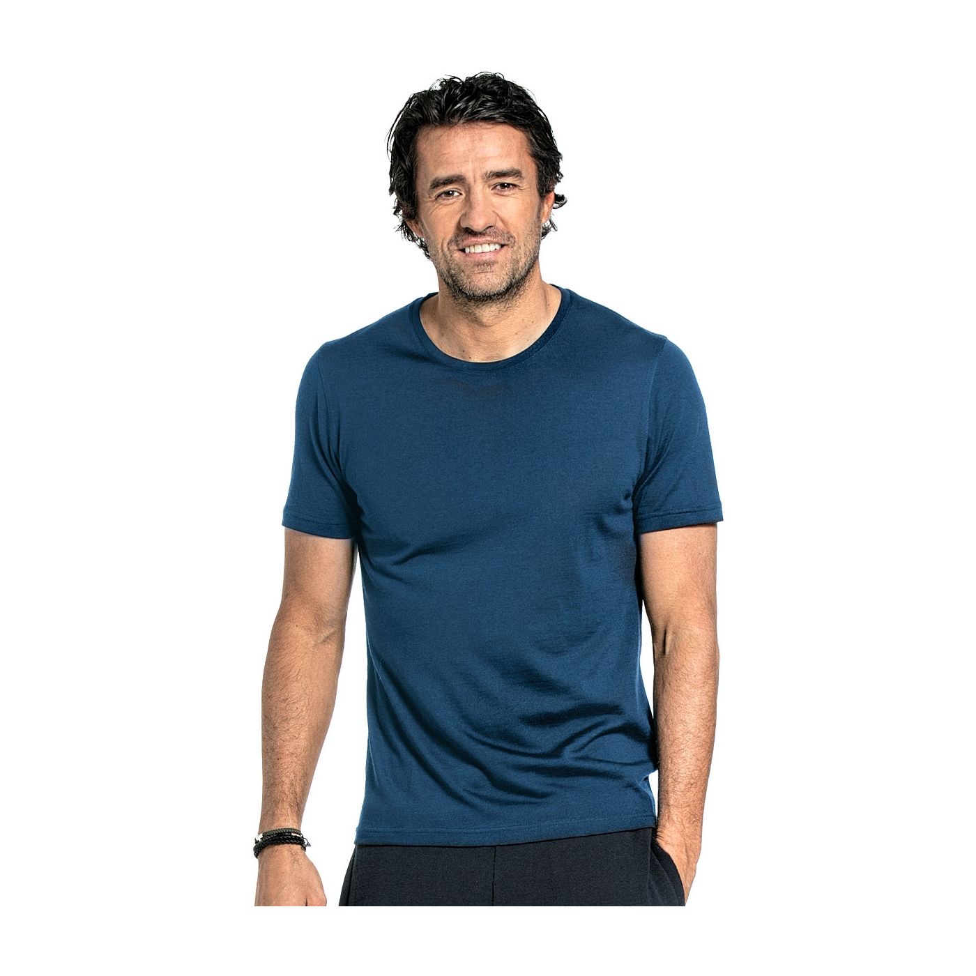 Crew neck T-shirt for men made of Merino wool in Bright blue
