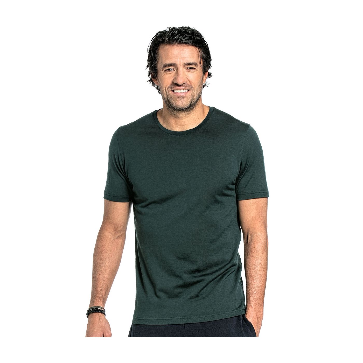 Crew neck T-shirt for men made of Merino wool in Dark green