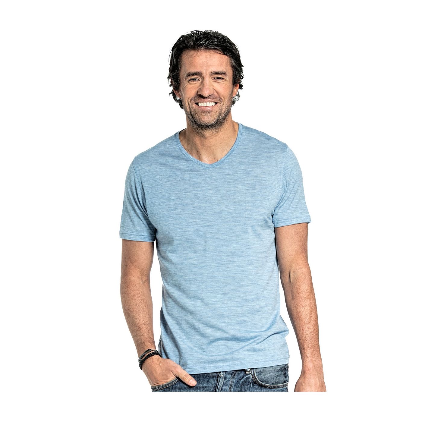 T-shirt met V hals voor mannen gemaakt van merinowol in het Lichtblauw