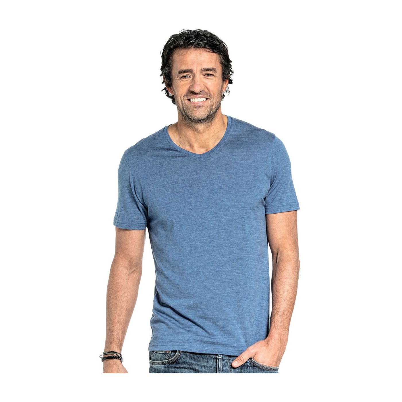 Shirt V-neck voor mannen gemaakt van merinowol in het Helderblauw