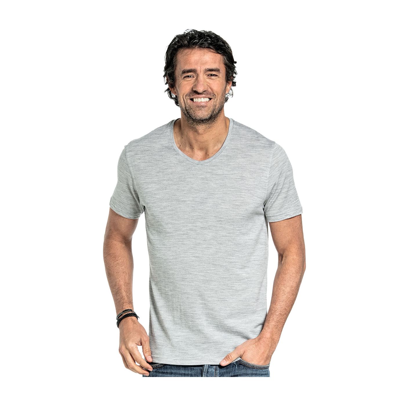 T-shirt met V hals voor mannen gemaakt van merinowol in het Lichtgrijs