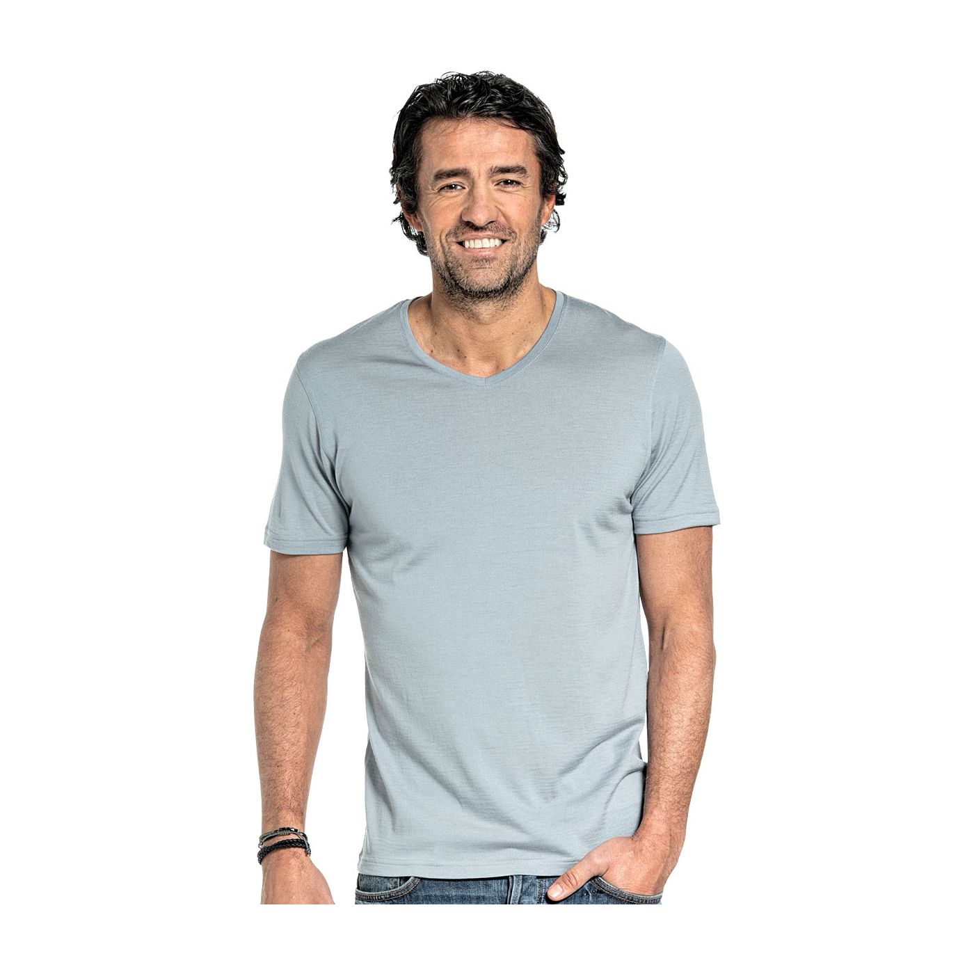 Shirt V-neck voor mannen gemaakt van merinowol in het Grijsblauw