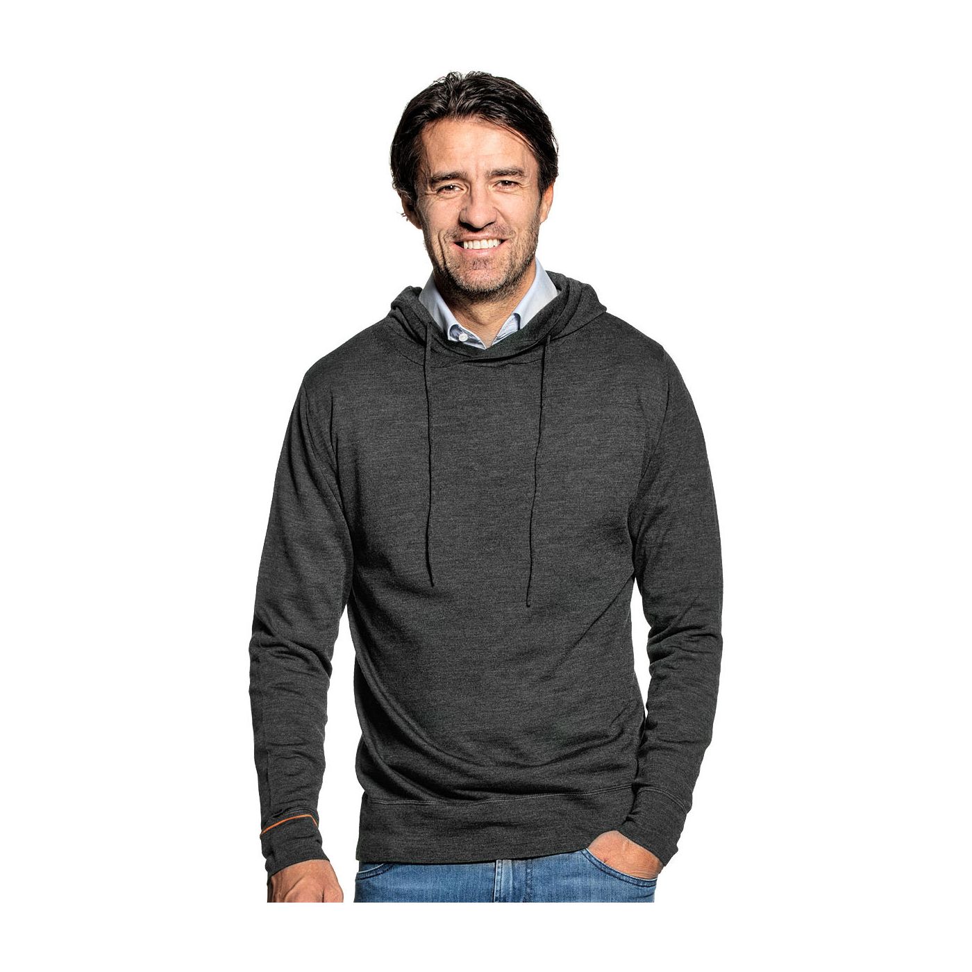 Sweater with hoodie for men made of Merino wool in Dark grey