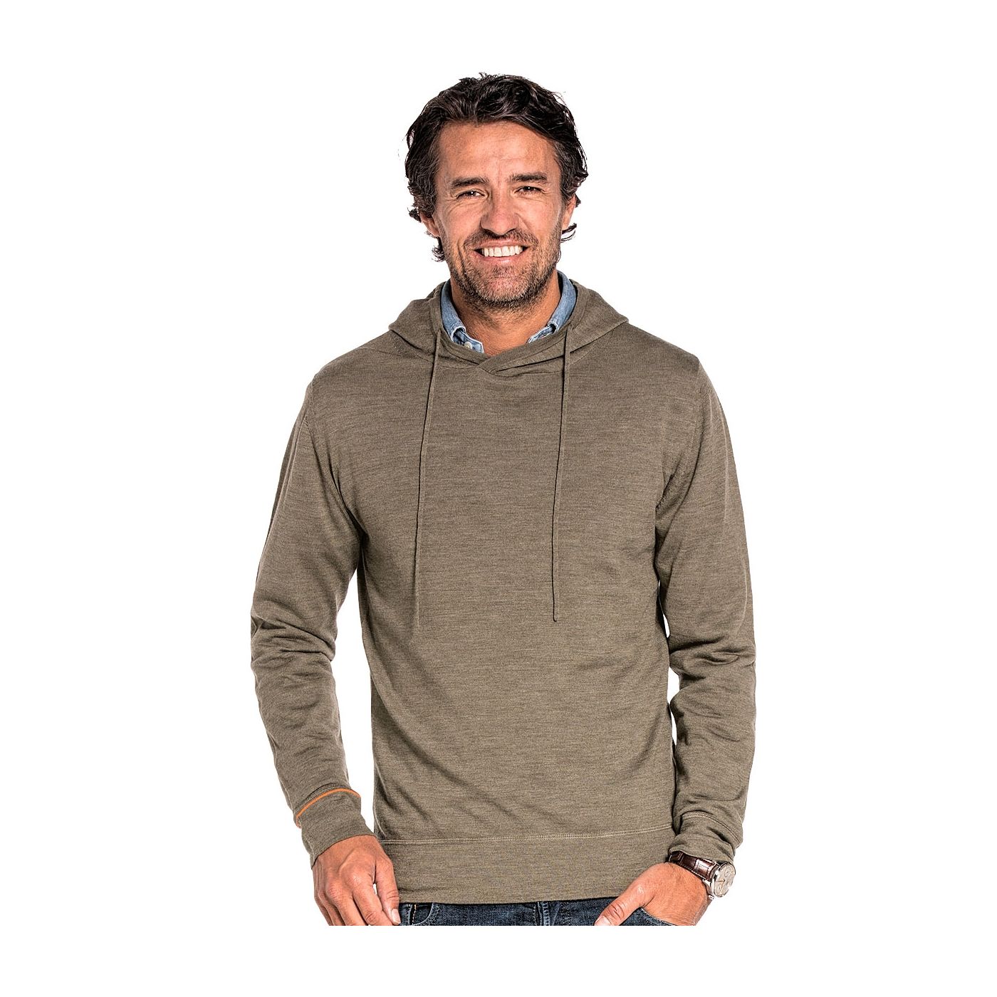 Sweater with hoodie for men made of Merino wool in Green
