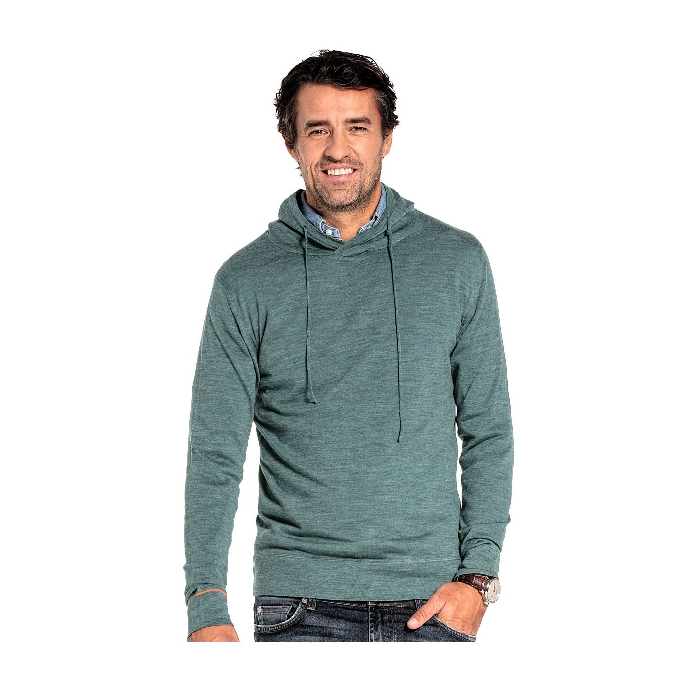 Sweater with hoodie for men made of Merino wool in Light green